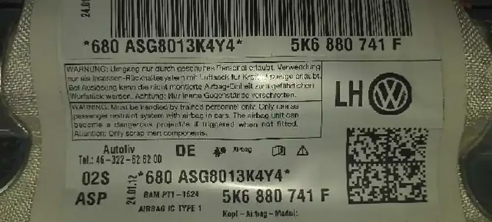 ASG8013K4Y4 штора подушек безопасности Volkswagen Golf VI 2008
